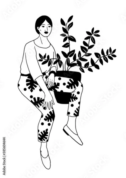 Fototapeta Beautiful female figure with flower. Vector illustration in simple minimal linear style.