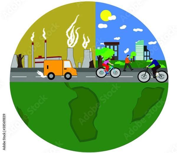 Fototapeta Ilustración vectorial para concienciar sobre el cuidado de nuestro planeta, tierra dividida en dos, donde un lado está sano y el otro dañado por la contaminación, la gente se cubre con tapabocas