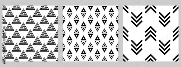 Fototapeta Set of geometric seamless pattern with staggered figures. Black shapes on white background. Triangles, arrows, lines, angles
