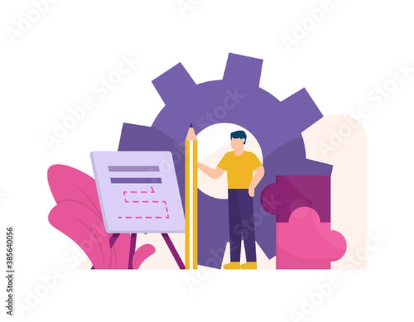 Fototapeta illustration of a businessman standing holding a pencil and doing research to make a plan. project planning concept and business strategy. flat style. design element
