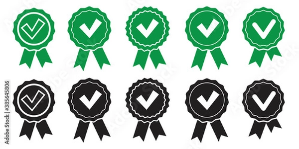 Fototapeta Quality mark medal. Premium product symbol. Certification mark. Medal with a check mark. Vector illustration. Stock image.