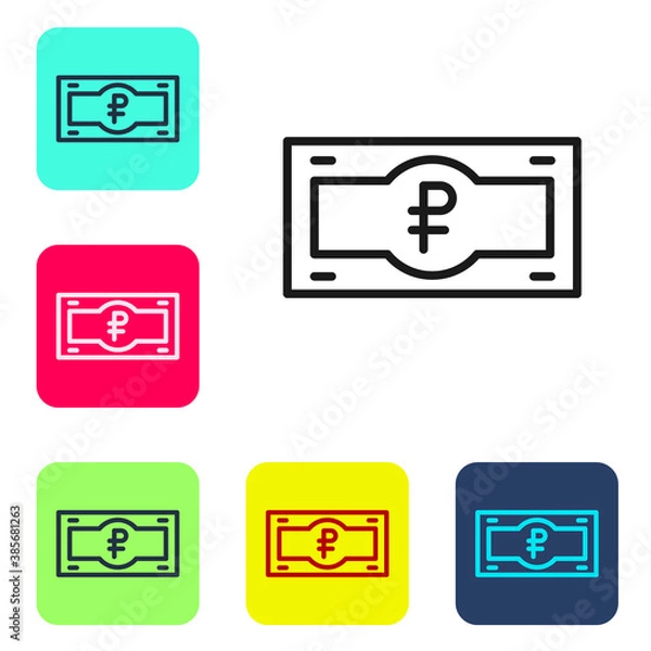 Fototapeta Black line Russian ruble banknote icon isolated on white background. Set icons in color square buttons. Vector.