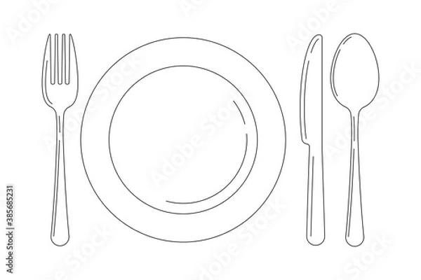 Obraz Silverware line art icon set isolated on white background. Top view lineart cutlery - fork knife spoon and serving plate design template. Vector flat design outline style logo illustration.