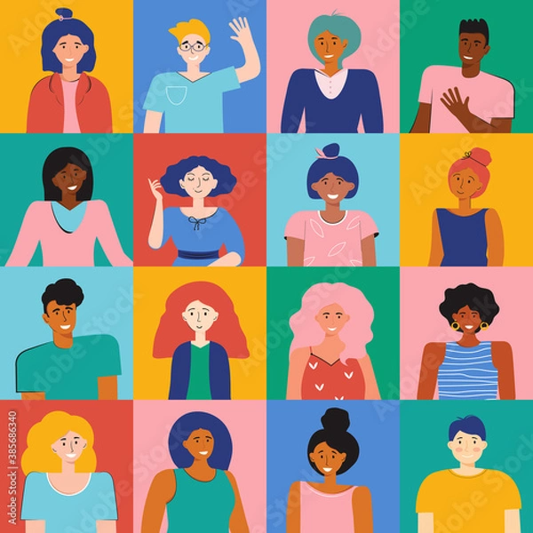 Fototapeta Set different person portrait of big diverse business team. Nationalities characters people. Smiling colleagues. Multicultural characters men and woman faces at square frame. Vector flat illustration.