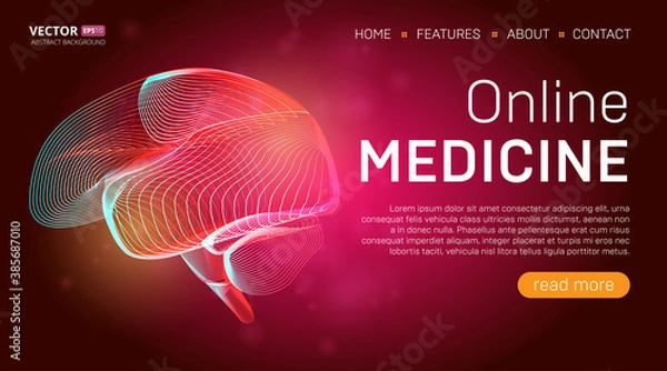 Obraz Online medicine landing page template or medical hero banner design concept. Human brain outline organ vector illustration in 3d line art style on abstract background