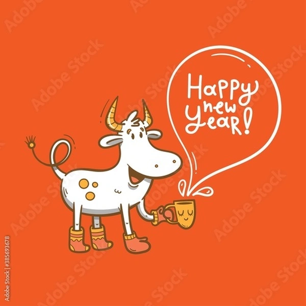 Obraz Vector card with a cute bull. A cheerful calf is drinking tea from  mug. Funny animal symbol of the Chinese New Year. Contour colorful image.