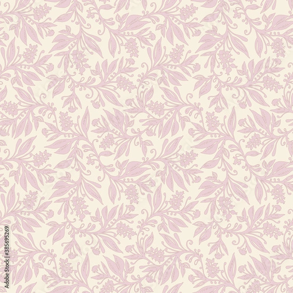 Fototapeta Floral seamless pattern with leaves and berries in cream and pink colors, hand-drawn and digitized. Design for wallpaper, textile, fabric, wrapping, background.