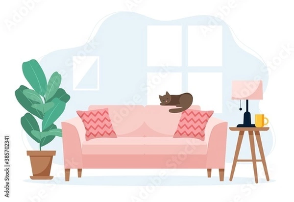 Fototapeta Modern sofa with a side table and plant, cute interior vector illustration in flat style