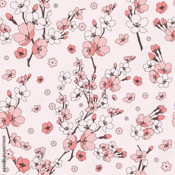 Fototapeta Vector pretty pink cherry blossoms seamless pattern background. Great use for fabric, wallpaper, giftwrap, home decor items, wellbeing etc.
