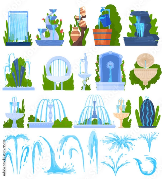 Fototapeta Water fountain architecture decor vector illustration set. Cartoon flat architectural elements, exterior collection of geyser waterfall splashing drops, outdoor water park decoration isolated on white