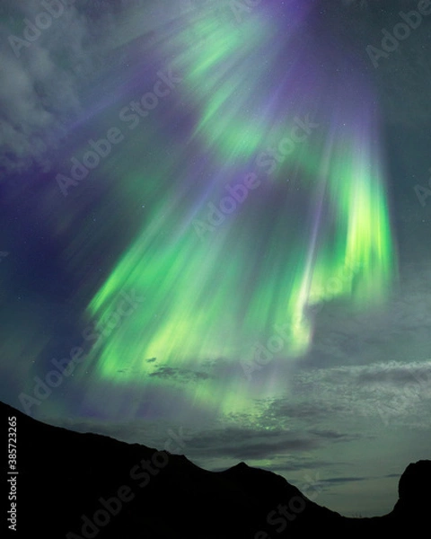 Fototapeta Beautiful night sky with Aurora Borealis aka northern lights in the fjords in Norway.