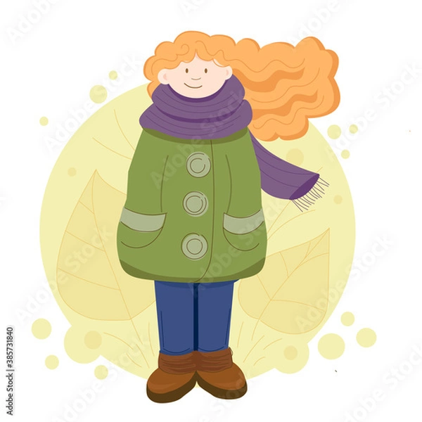 Fototapeta Vector image with a girl with a scarf; autumn composition with yellow leaves on the background, girl in coat and boots, developing orange hair, happy autumn morning.