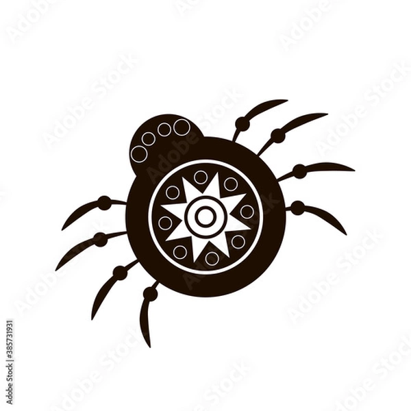 Fototapeta Vector image of a black spider; insect with star pattern on back, halloween design element, silhouette of black spider creature isolated on white background.