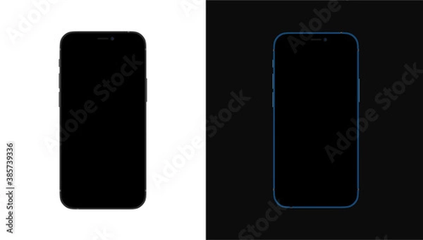 Obraz iPhone 12. Realistyczna, nowoczesna, biało-czerwona kolekcja smartfonów z aplikacjami na białym i czarnym tle. Makieta telefonu.
