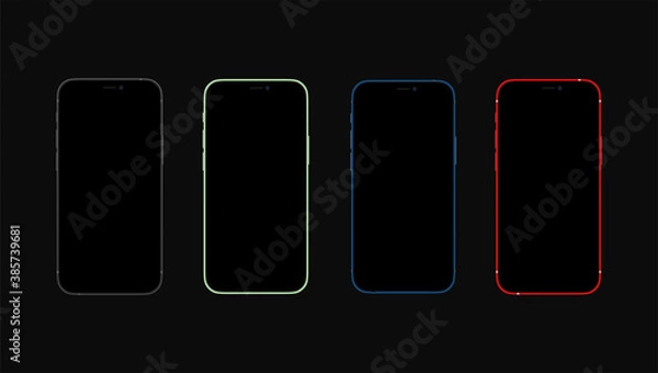 Fototapeta Colorful, Red,black, blue and green iPhone 12. Realistic, modern, smart phone collection on black background. iPhone mockups set.