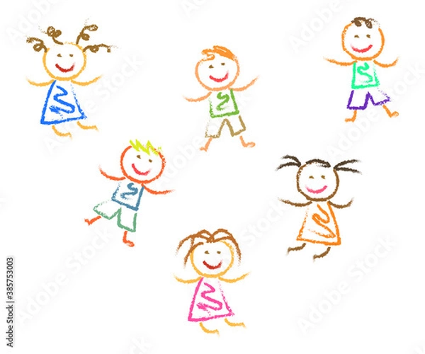 Fototapeta Various children are having fun on a white background. Children's drawing. Vector illustration.
