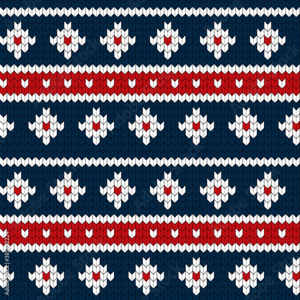 Fototapeta Seamless blue red and white colors knitted pattern. Warm and cozy style winter vector illustration. Sweater or pullover hand made.