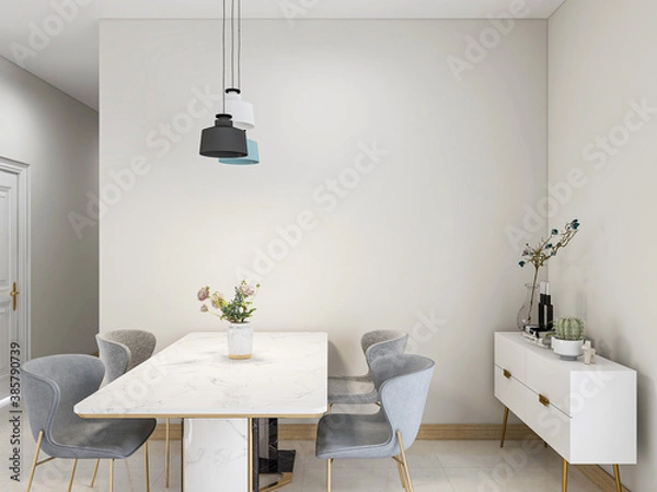 Fototapeta In a clean and tidy dining room, there is a table and a side table behind it