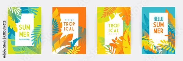 Fototapeta Tropical themed banners set. Creative compositions of colorful palm leaves and branches. Floral geometric design template for posters, covers, social media stories. Flat style vector illustration