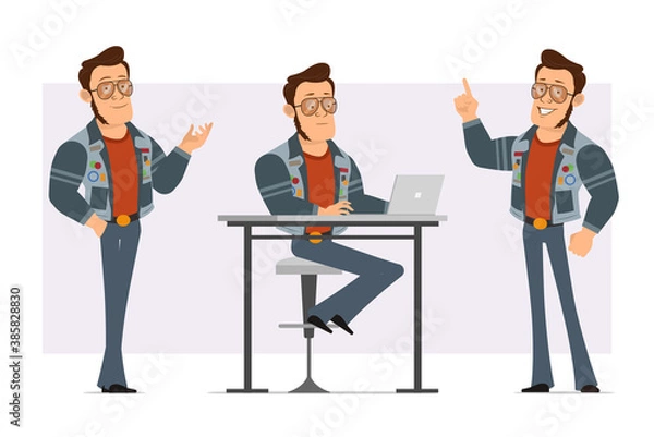 Obraz Cartoon flat strong disco man in sunglasses and jeans jacket. Ready for animation. Boy posing, working on laptop and showing attention gesture. Isolated on violet background. Vector icon set.
