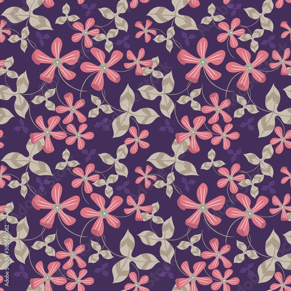 Fototapeta Floral seamless pattern. Simple vector texture with small hand drawn flowers, leaves. Beautiful summer abstract background. Modern doodle style painting. Pink, green and purple color. Elegant design