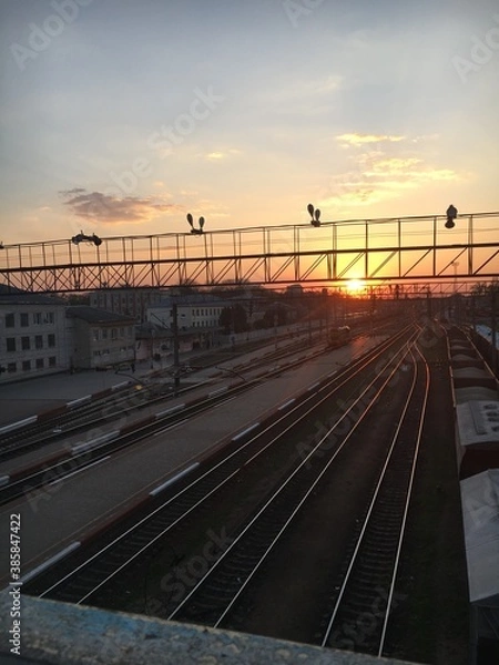 Fototapeta railway bridge at sunset