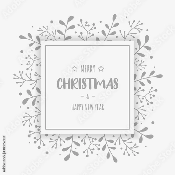 Obraz Concept of Christmas card with decorations and wishes. Xmas wreath with mistletoe branches. Vector