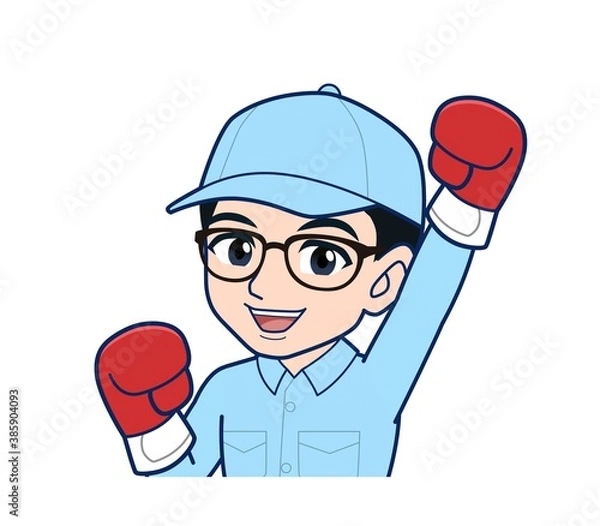 Fototapeta Young man in light blue work clothes