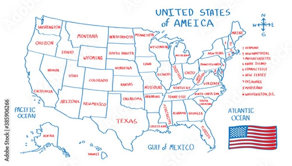 Fototapeta United State of America vector map isolated on white background. Red and Blue line freehand drawing doodle style with name of state and flag.