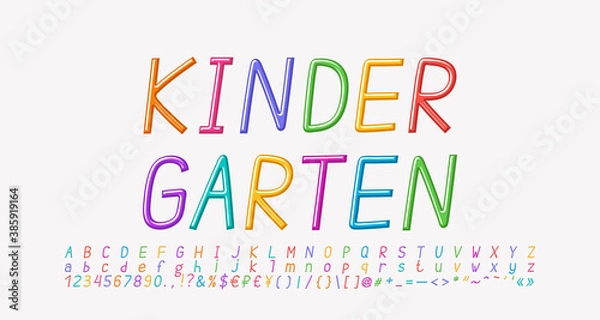 Obraz Multicolored cartoon Italic alphabet, thin linear font rainbow bright colors. Uppercase and lowercase letters, numbers, punctuation marks. Vector illustration