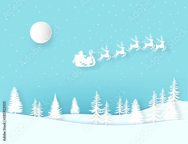Fototapeta Winter landscape with houses and trees.Santa Claus on the sky in winter season.Merry Christmas and Happy New Year. paper art design.Vector EPS 10.