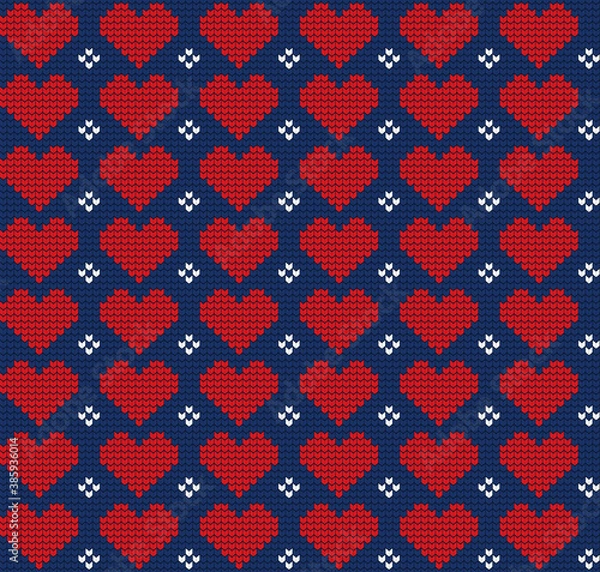 Fototapeta Knitted seamless pattern with hearts. Winter theme. Pullover hand made ornament. Christmas and New Year vector illustration.