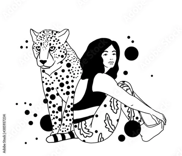 Fototapeta Women and jaguar art. Woman and wild tropical cat friendship concept. Simple line vector illustration.