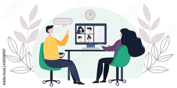 Fototapeta Laptop concept with illustration of a two people participating in a video conference with an application, video calls of men and women together. vector illustration in flat style