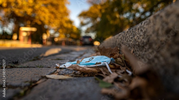 Obraz Mouth nose protection mask lies at the roadside in the pile of leaves in autumn