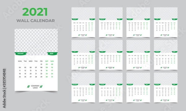 Fototapeta Wall calendar design 2021 template Set of 12 Months, Week starts Monday, Stationery design, calendar planner
