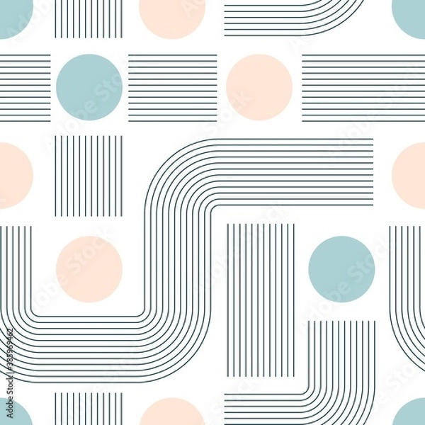 Fototapeta Vector Abstract Circles, Lines, Curves. Geometrical Design, line art. Minimalistic boho elegant concept. Square Seamless Pattern. Background, Wallpaper. Poster, wrapping paper, textile print template