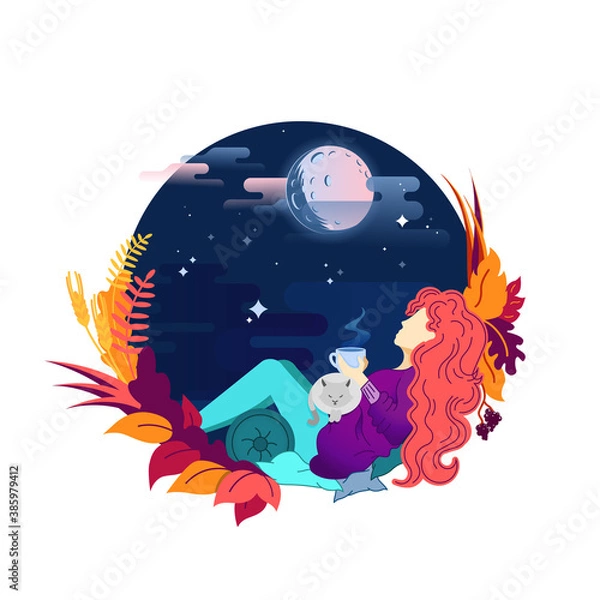 Fototapeta Autumn concept women sitting at the window drinking te coffee, autumn leaves	
