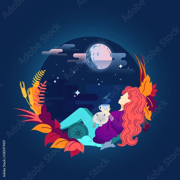 Fototapeta Autumn concept women sitting at the window drinking te coffee, autumn leaves	
