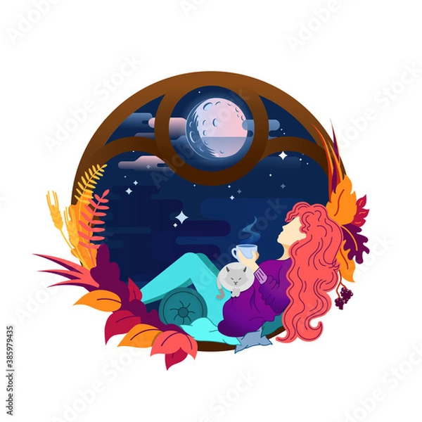 Fototapeta Autumn concept women sitting at the window drinking te coffee, autumn leaves	
