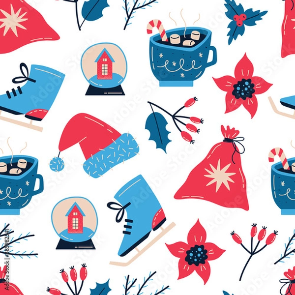 Fototapeta Seamless vector pattern with hand drawn Christmas elements