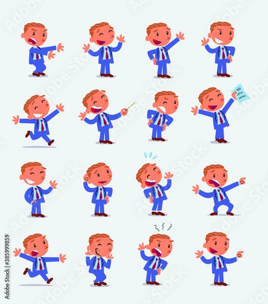 Fototapeta Cartoon character businessman in smart casual style. Set with different postures, attitudes and poses, doing different activities in isolated vector illustrations
