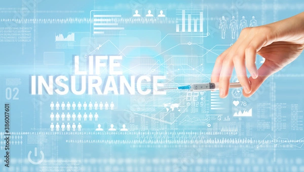 Obraz Close-up view of doctor's hand in a white glove holding syringe with LIFE INSURANCE inscription, healthcare and medical concept