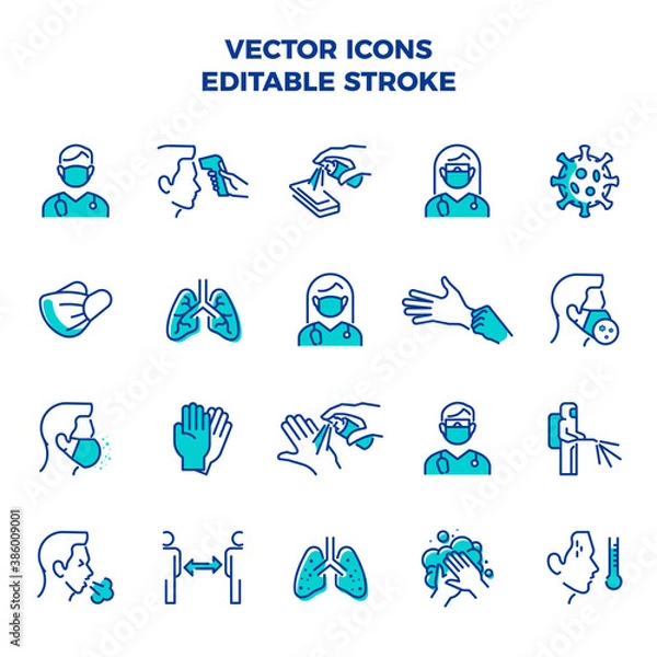 Fototapeta Coronavirus Icon Set Linear Line Color Icons fully Editable Stroke containing such icons like: Face Mask Virus Temperature Disinfection Washing Hands Cough Lungs Sanitize Sanitizer Doctor Distance