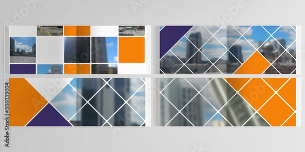 Fototapeta Vector layouts of horizontal presentation templates for landscape design brochure, cover design, book design, magazine. Abstract design project in geometric style with squares and place for photo.