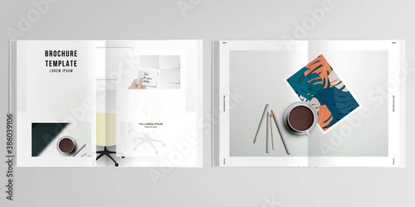 Fototapeta 3d realistic vector layout of cover mockup design templates for A4 bifold brochure, cover design, book design, magazine, brochure cover. Home office concept, study or freelance, working from home.