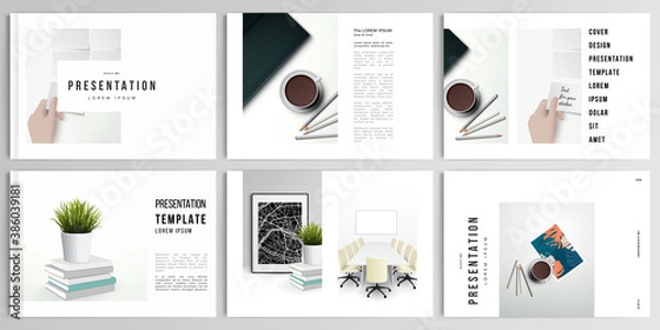 Fototapeta Vector layouts of presentation design templates for brochure, cover design, flyer, book design, magazine, poster. Home office concept, study or freelance, working from home.