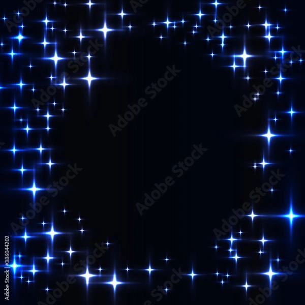 Fototapeta Dark template with border made from ice shinning stars. Black background with laser neon blue stars.