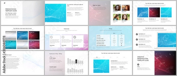 Fototapeta Vector templates for website design, presentations, portfolio. Templates for presentation slides, flyer, leaflet, brochure cover, report. Polygonal science background with connecting dots and lines.