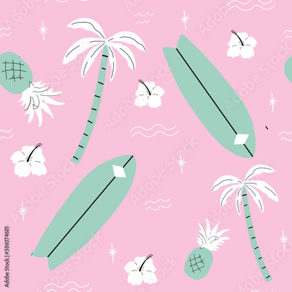 Obraz seamless pink and green palm trees pattern. repeating vector beach and surfing pattern with surf boards.
